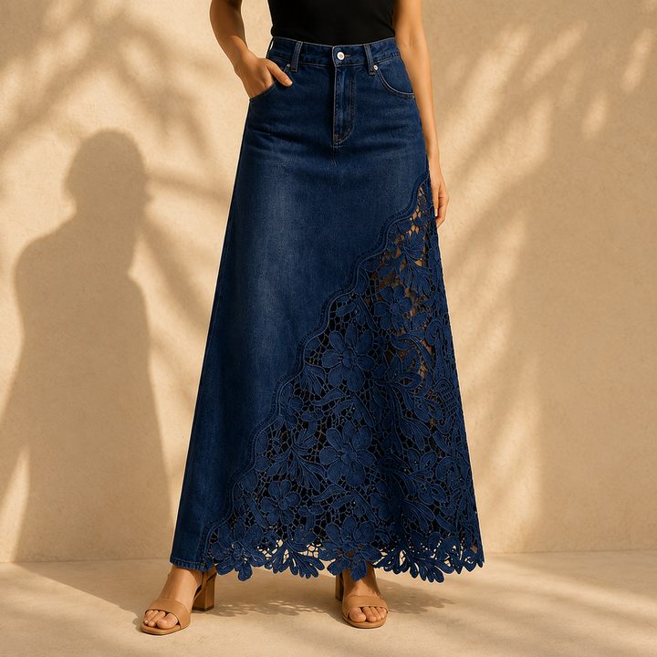 Quenurana - Lace Denim Maxi Skirt