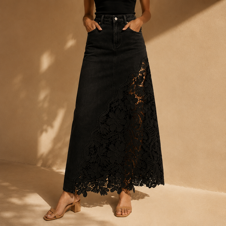 Quenurana - Lace Denim Maxi Skirt
