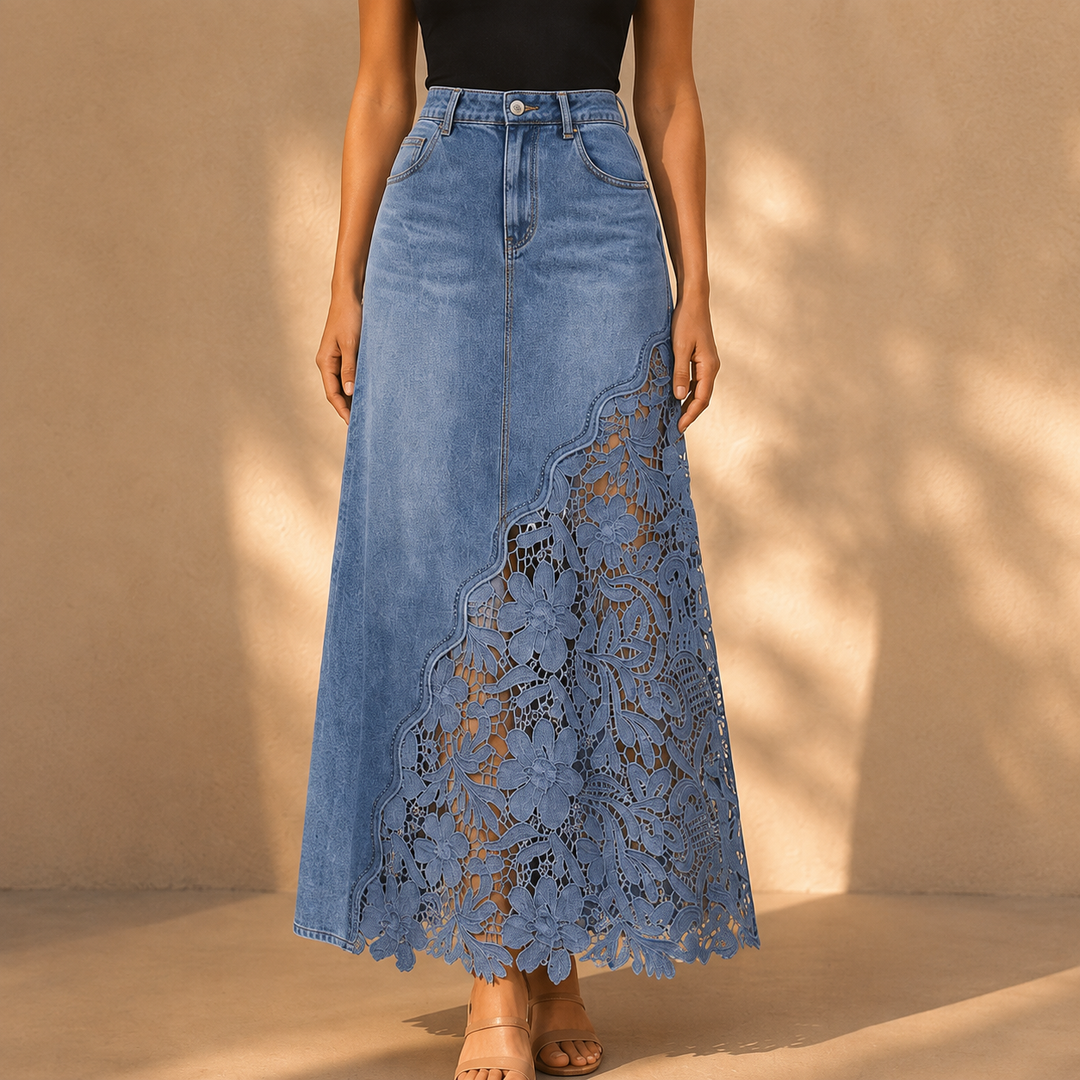 Quenurana - Lace Denim Maxi Skirt