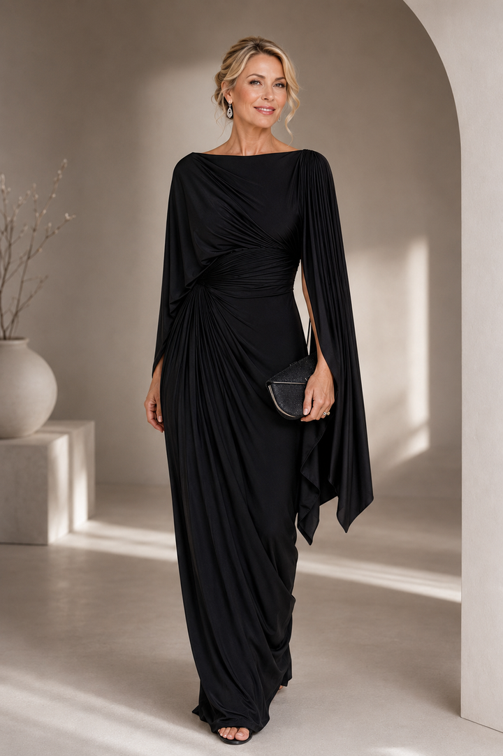 Mirona - Pleated Maxi Dress With a Cape