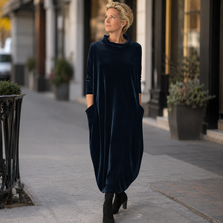 Ilianyette - Velvet High Neck Loose Fit Maxi Dress