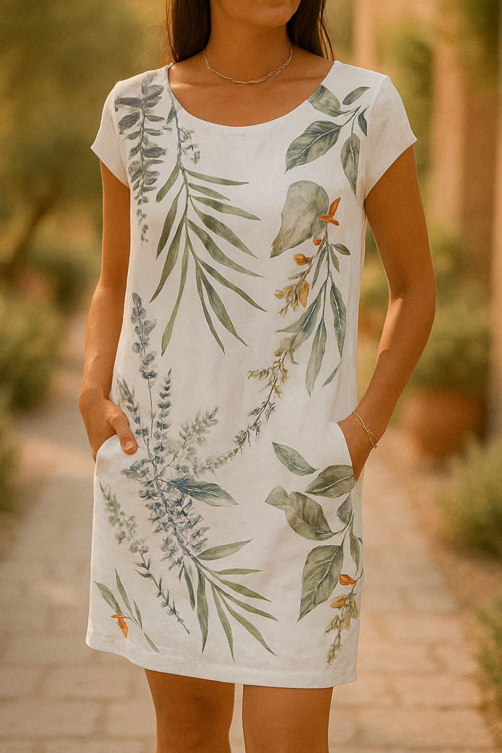 Frankie - Elegant Leaf Print Linen Dress