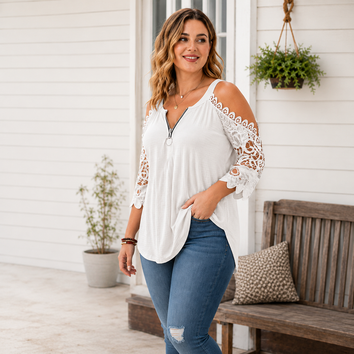 Palchuk - Elegant Lace Blouse With Open Shoulder