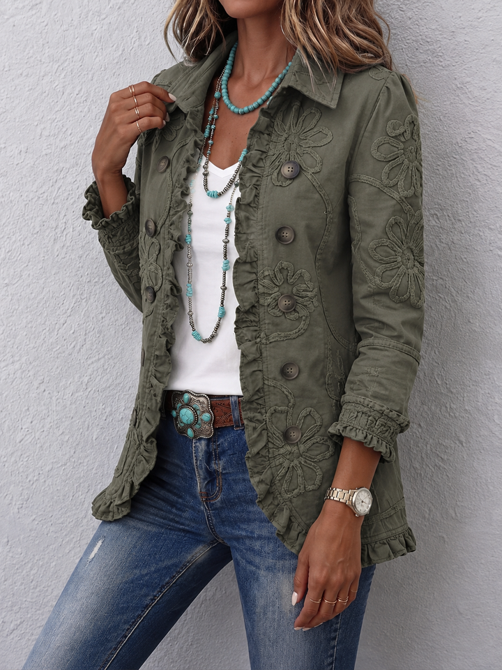 Penealoria - Floral Embroidered Button-Front Ruffle Hem Jacket
