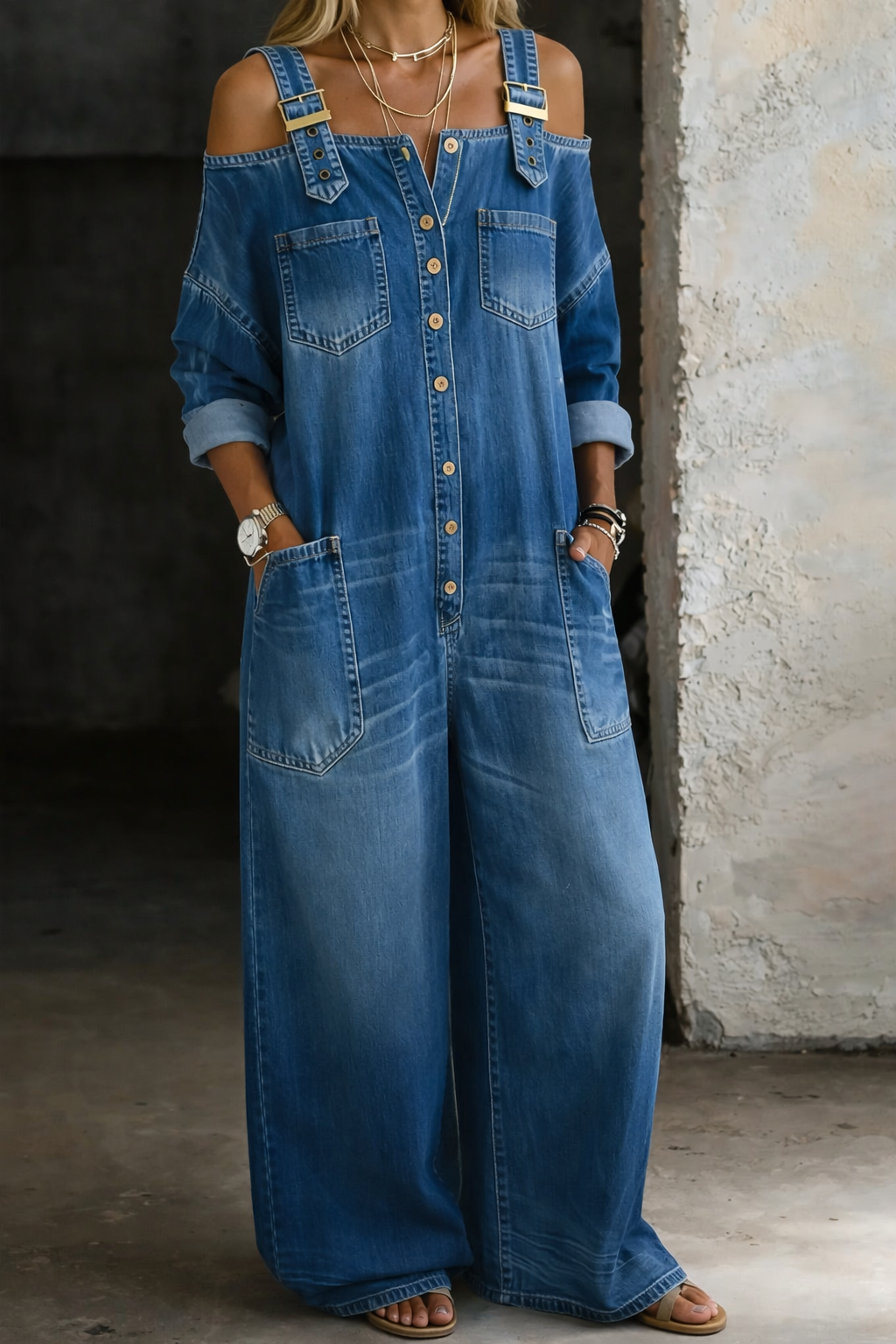 Armas - Off-Shoulder Denim Jumpsuit