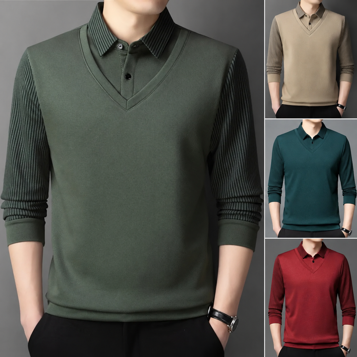 Svevira - Striped Sleeve Sweater With Buttoned Shirt Collar