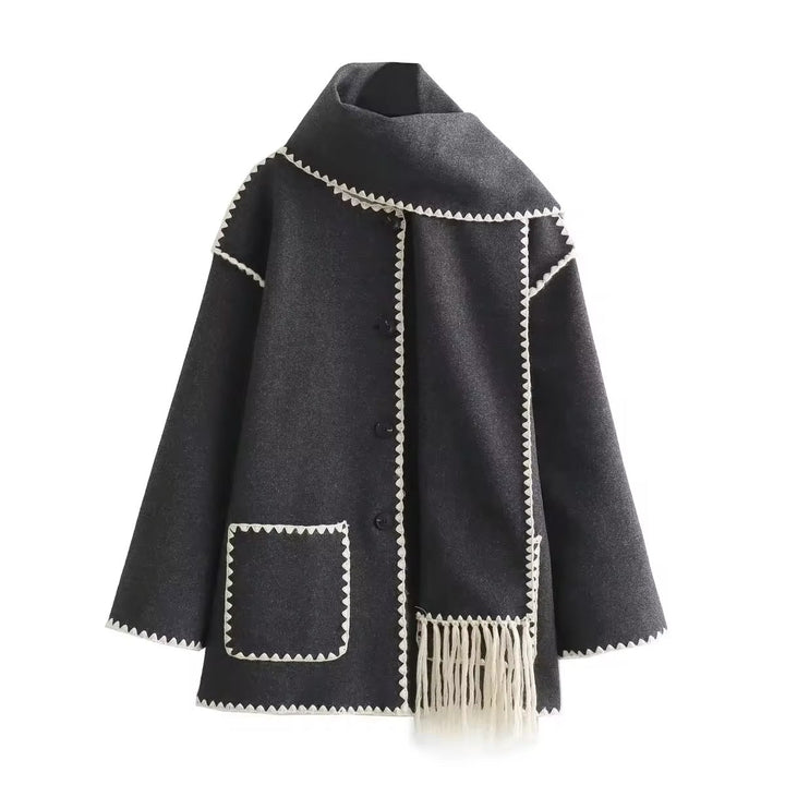 Anelinoria - Embroidered Fringe Coat With Matching Scarf