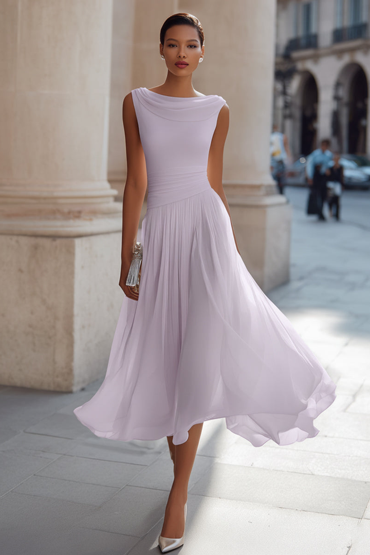 Ottiiuza - Sleeveless Draped Neck Pleated Midi Dress