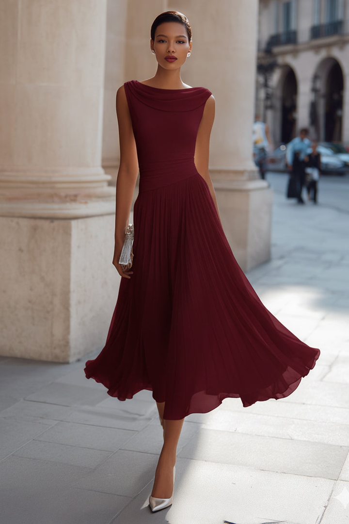 Ottiiuza - Sleeveless Draped Neck Pleated Midi Dress