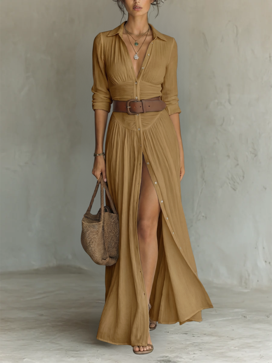 Sewmini - Linen Maxi Dress With Lapel Collar