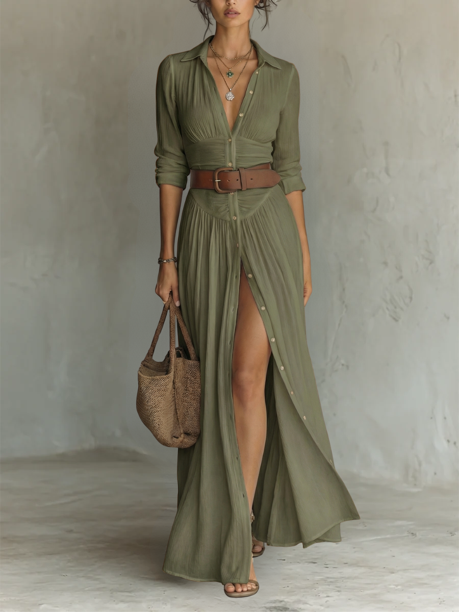 Sewmini - Linen Maxi Dress With Lapel Collar