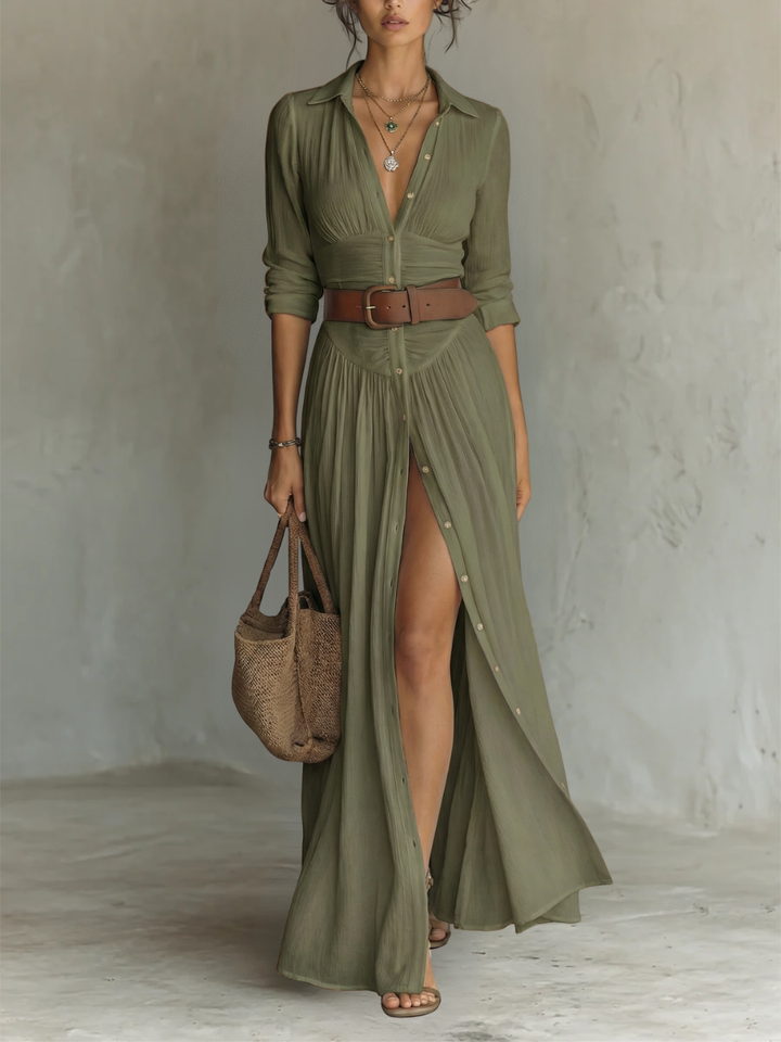 Sewmini - Linen Maxi Dress With Lapel Collar