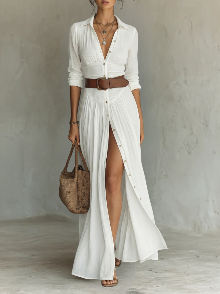 Sewmini - Linen Maxi Dress With Lapel Collar