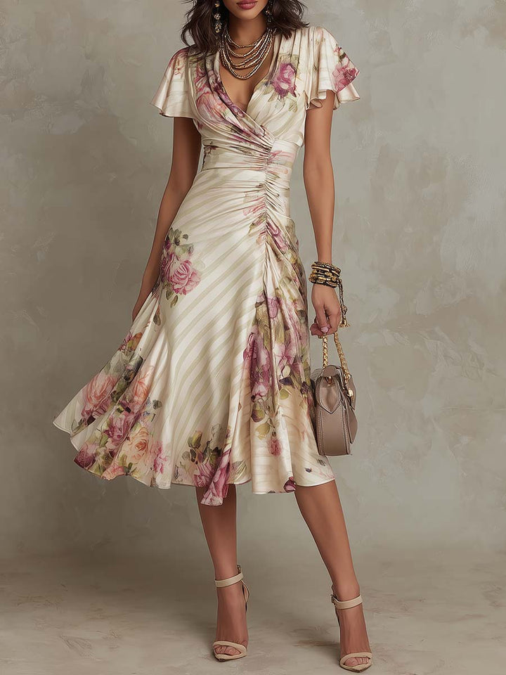 Neomi - Elegant Retro Floral Satin Dress
