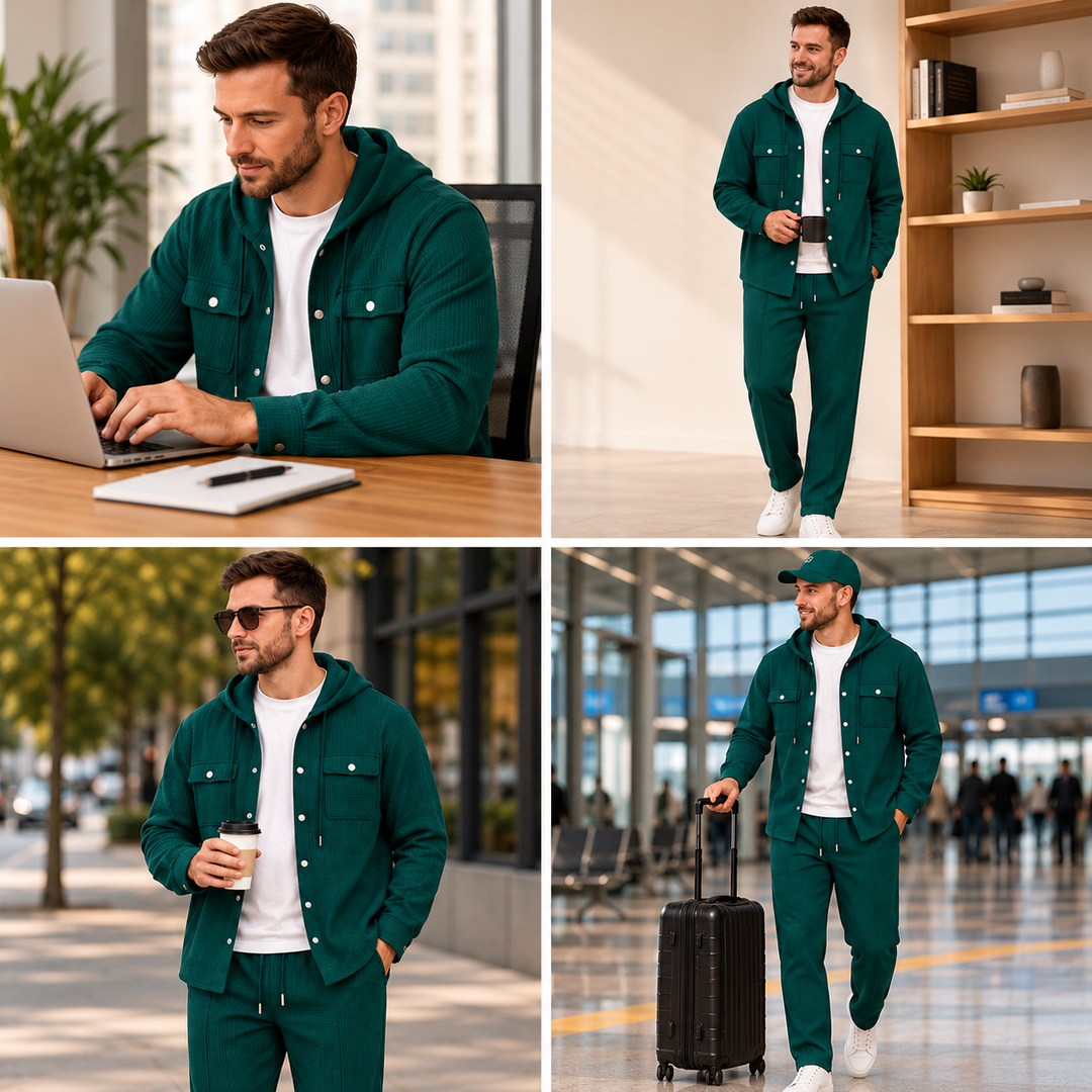 Zinuflow - Waffle Print Hooded Jacket And Pants Set