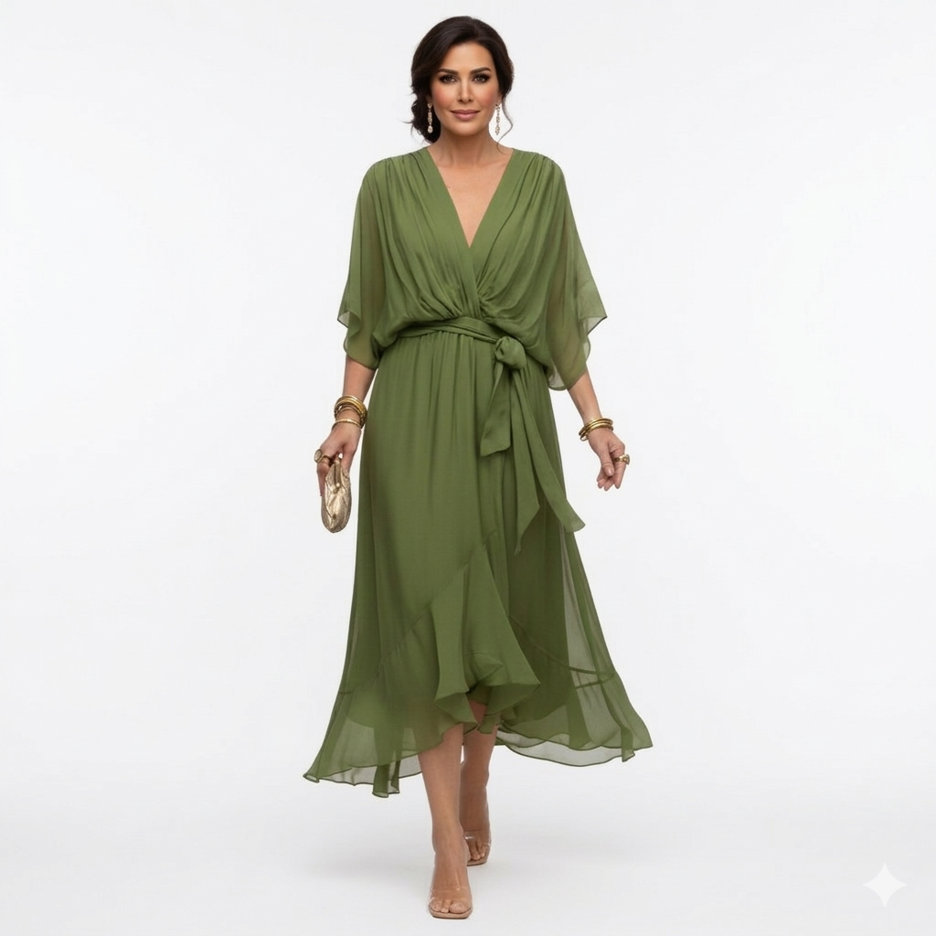 Zagda - Elegant V-Neck Midi Dress