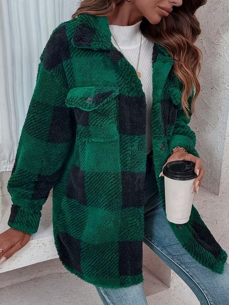 Sabria - Plaid Fleece Button Up Jacket