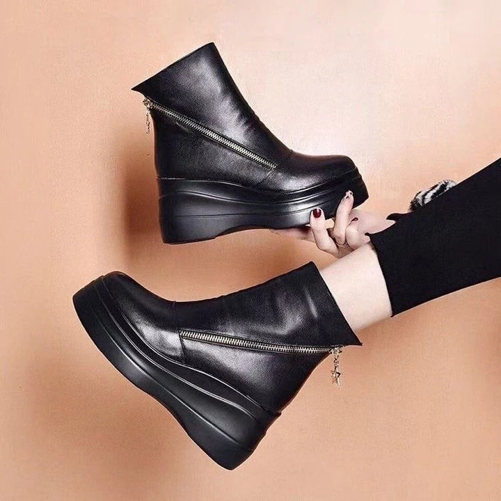 Narah - Leather Ankle Boots with Side Zipper