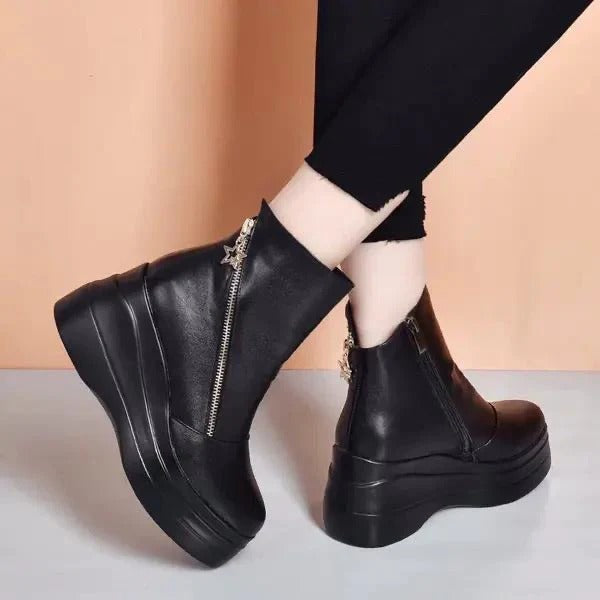 Narah - Leather Ankle Boots with Side Zipper