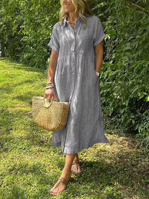 Alory - Comfortable Button Down Striped Midi Dress