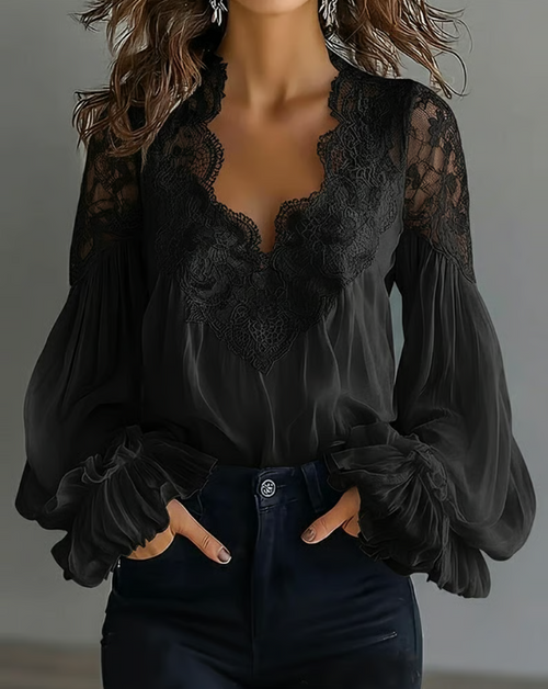 Katija - Blouse With Floral Lace And Lantern Sleeves