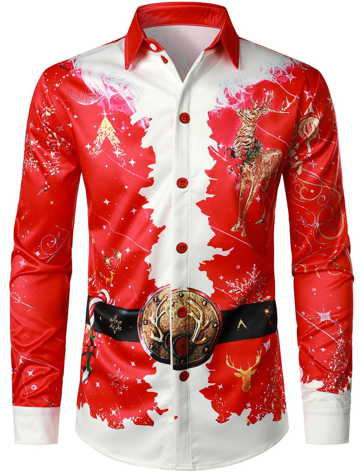 Beau - Men's Christmas-Inspired Top red fun outfit Holiday Button-Down Long-Sleeved Shirt
