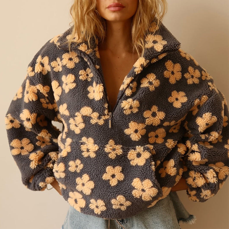Yzella- Floral Print Fleece Sweater