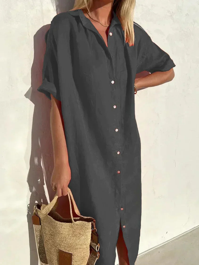 Janie - Elegant Button Closure And Linen Dress