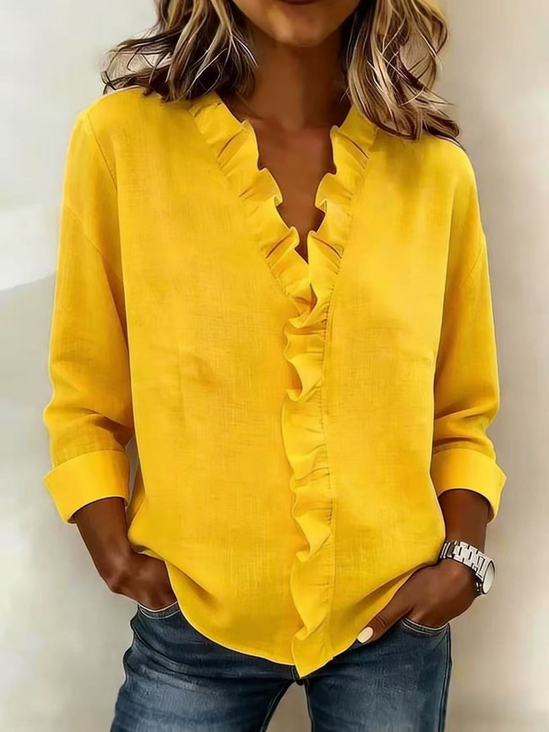 Pabasari - Stylish V-neck Blouse With Delicate Ruffles