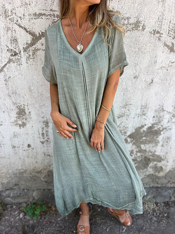 Naduni - Stylish V-Neck Cotton Linen Dress