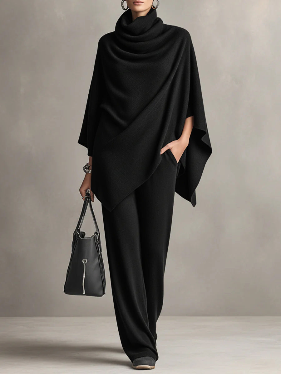 Laleh - Urban Casual Turtleneck Poncho And Pants Set