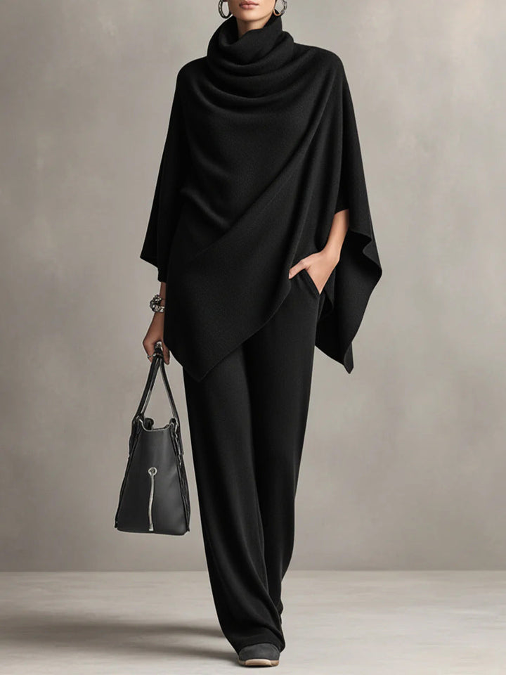 Laleh - Urban Casual Turtleneck Poncho And Pants Set