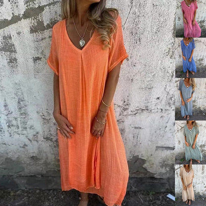 Naduni - Stylish V-Neck Cotton Linen Dress
