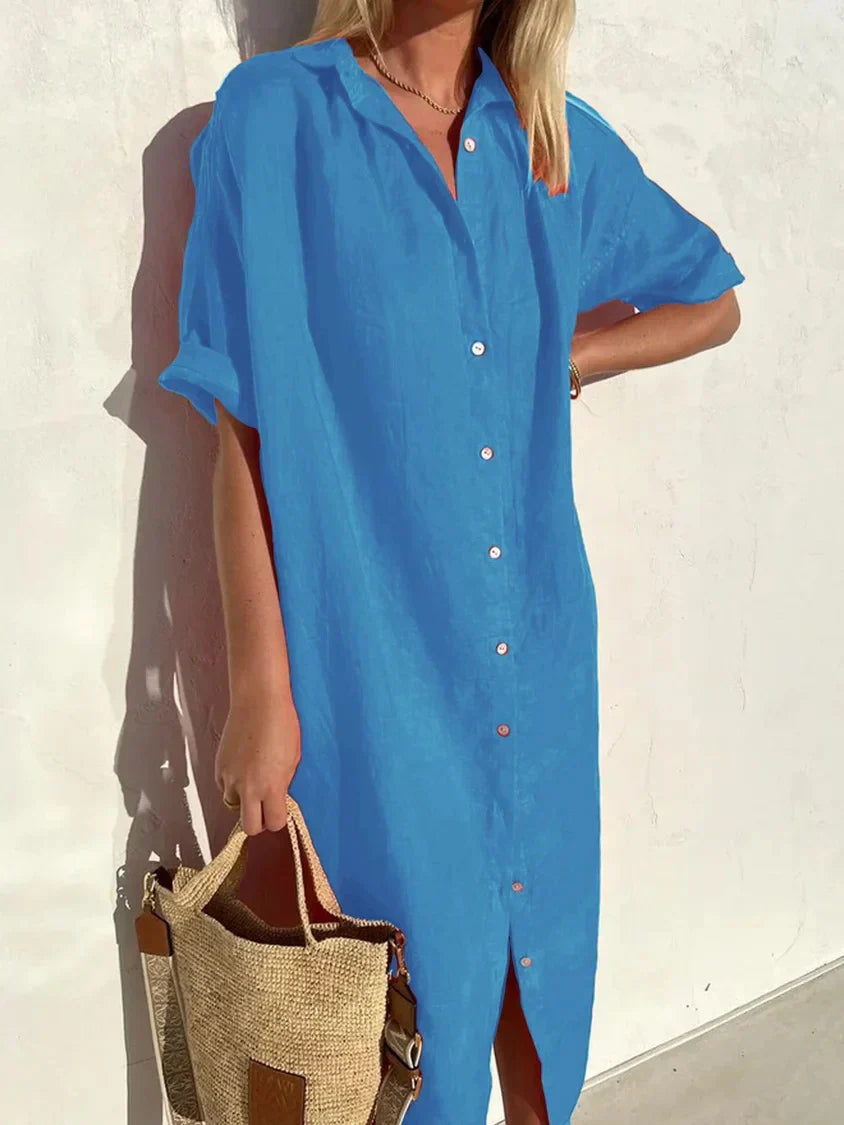 Janie - Elegant Button Closure And Linen Dress