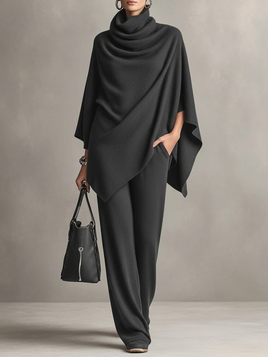 Laleh - Urban Casual Turtleneck Poncho And Pants Set