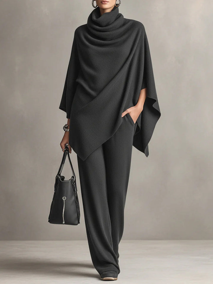 Laleh - Urban Casual Turtleneck Poncho And Pants Set