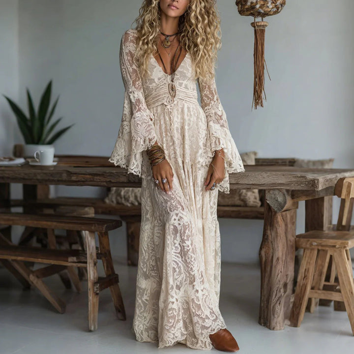 Chariya - Floral Lace Bell Sleeve Bohemian Maxi Dress