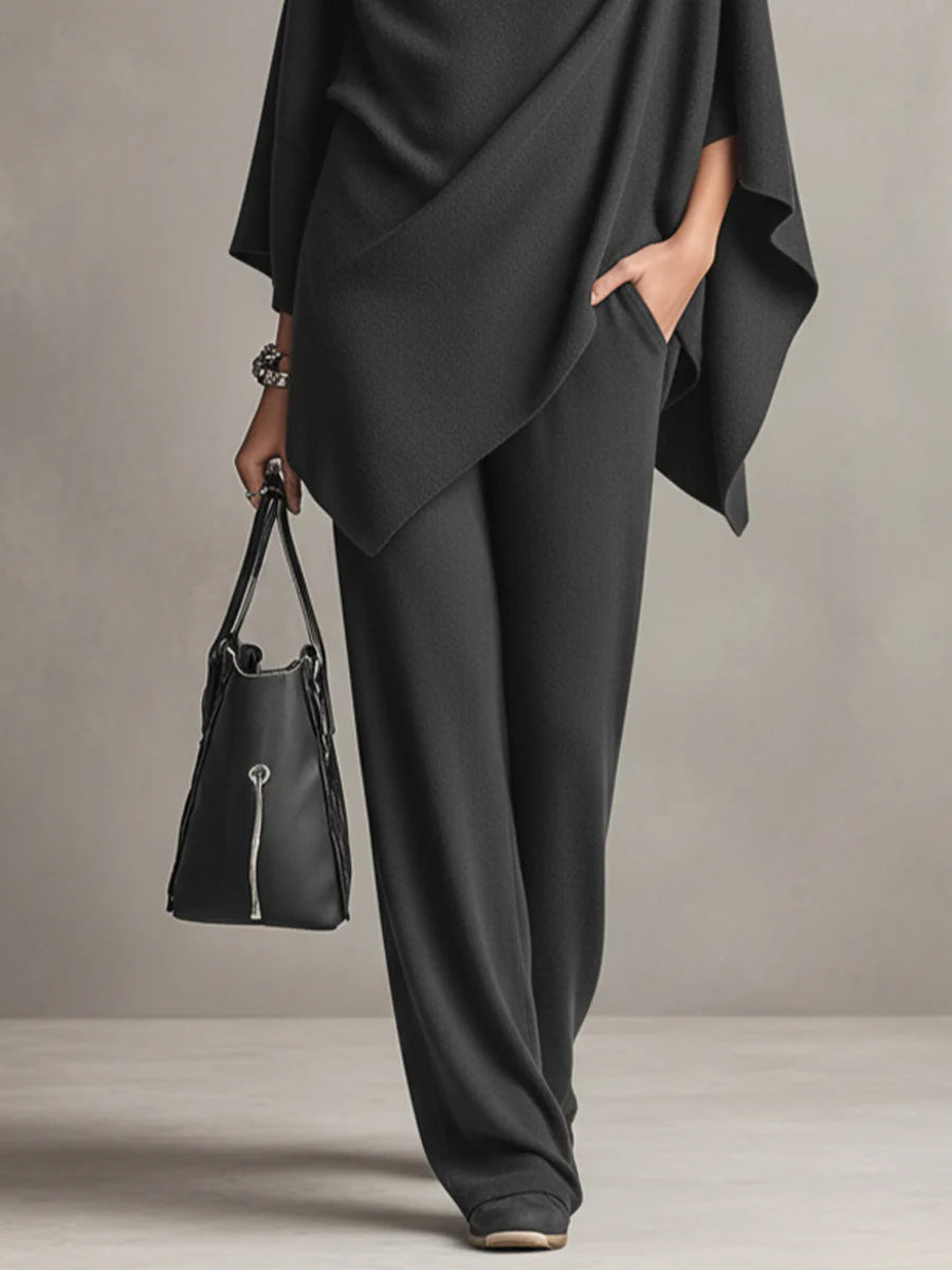 Laleh - Urban Casual Turtleneck Poncho And Pants Set