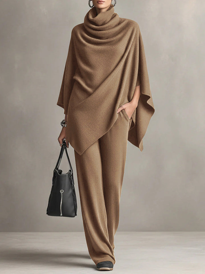 Laleh - Urban Casual Turtleneck Poncho And Pants Set