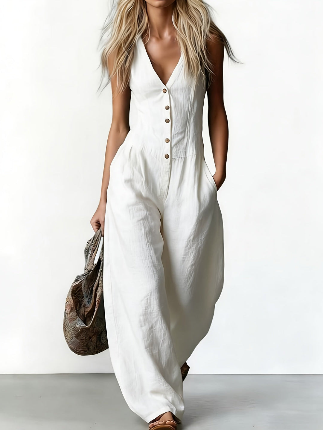 Suzanni - Elegant Sleeveless Wide-Leg Jumpsuit With V-Neck