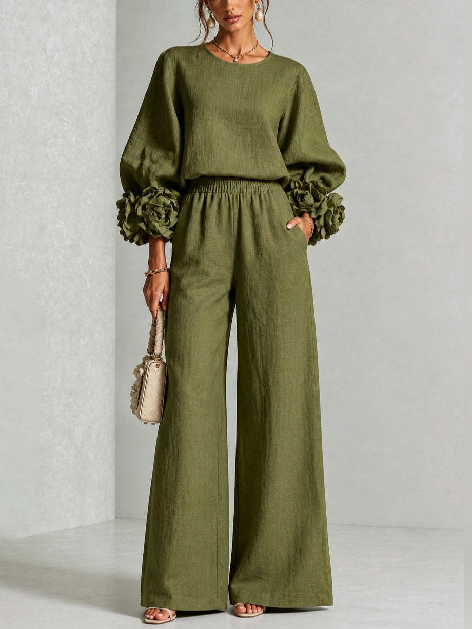 Renaella - Top and Pants Set With Floral Cuffs