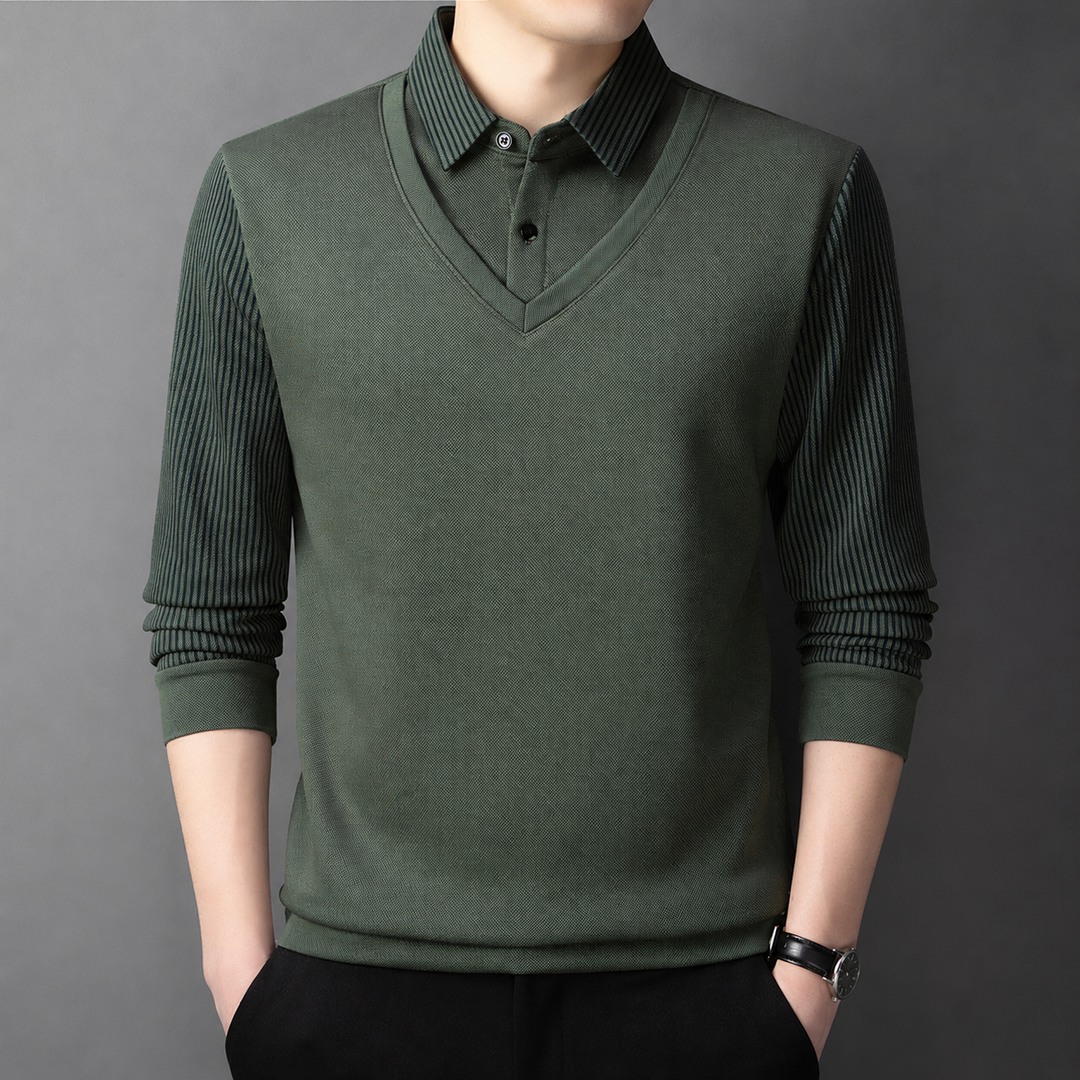 Svevira - Striped Sleeve Sweater With Buttoned Shirt Collar
