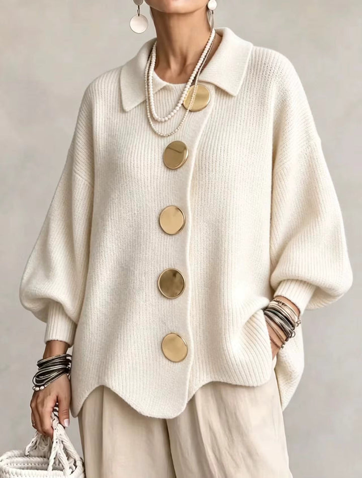 Lianea - Long Sleeve Collared Button Up Knit Cardigan