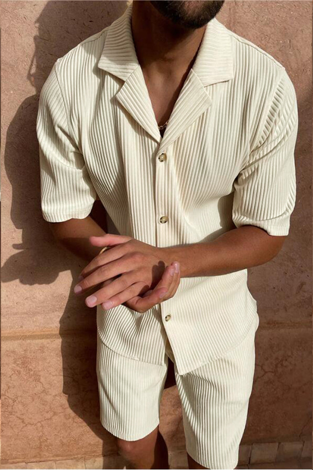 Ardian - Corduroy Short Sleeve Shirt And Shorts Set