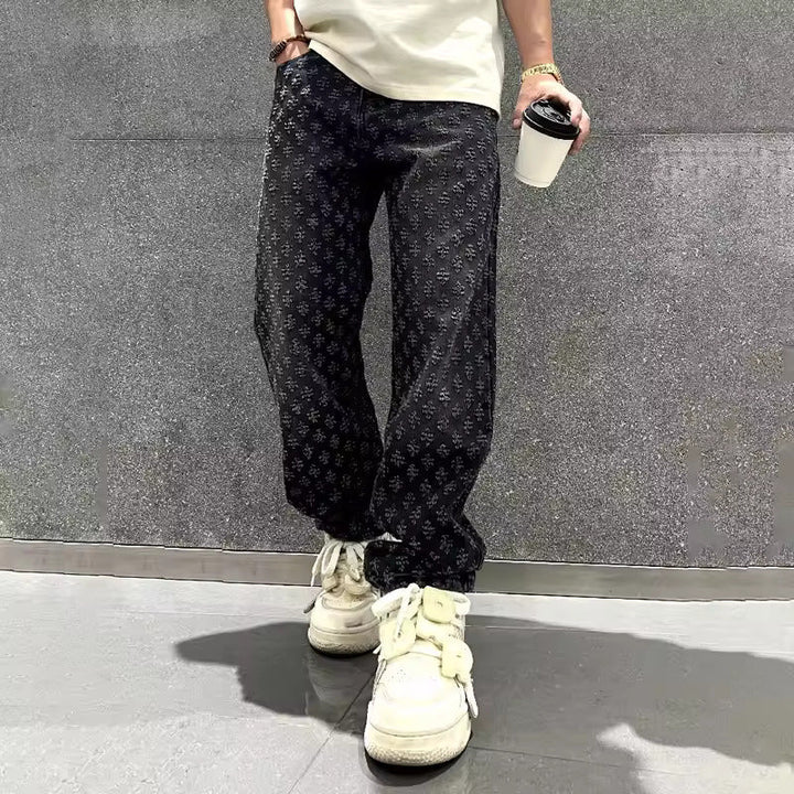Zeydan - Jacquard Wide Leg Denim Pants