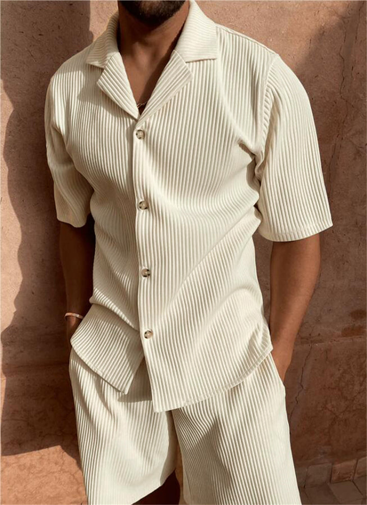 Ardian - Corduroy Short Sleeve Shirt And Shorts Set