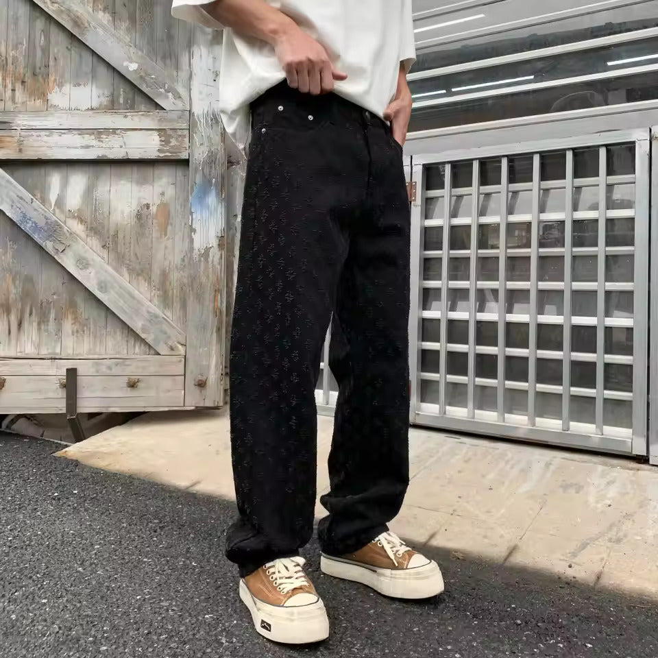 Zeydan - Jacquard Wide Leg Denim Pants