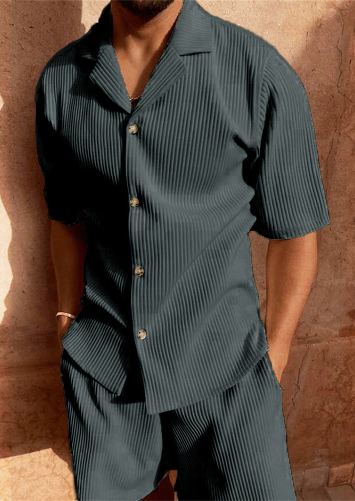 Ardian - Corduroy Short Sleeve Shirt And Shorts Set