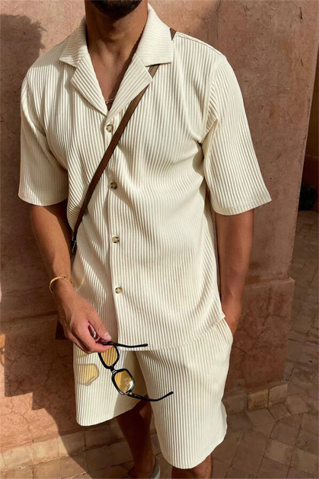 Ardian - Corduroy Short Sleeve Shirt And Shorts Set