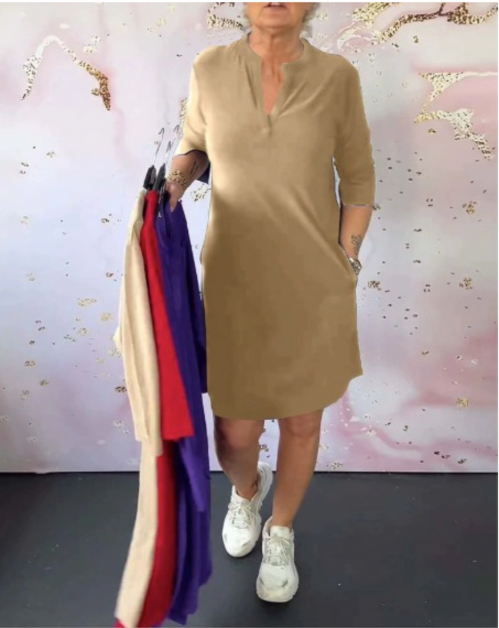 Sabela - Fashinable Plain Dress With V-neck